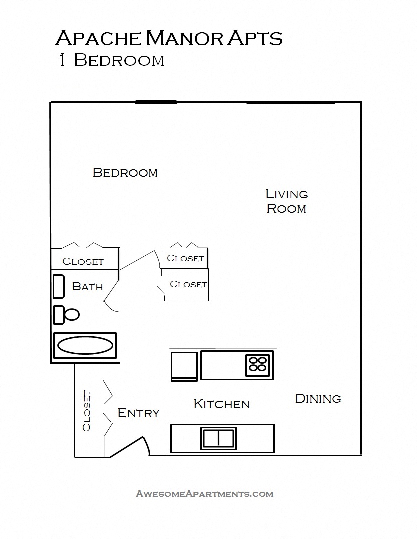Floor plan for 1 bed, 1 bath, 667 sqft